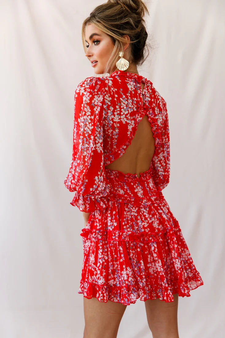 Laney Cutout Back Ruffle Detail Floral Dress Red