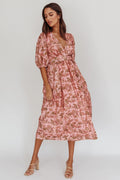 Doris Floral Puff Sleeve Midi Wrap Dress Blush