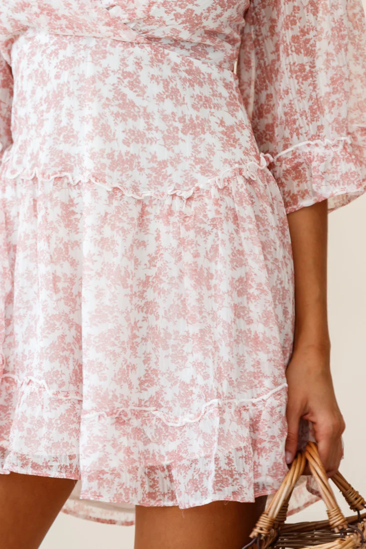 Albany Lace Up Back Frill Dress Tiny Floral Print Pink