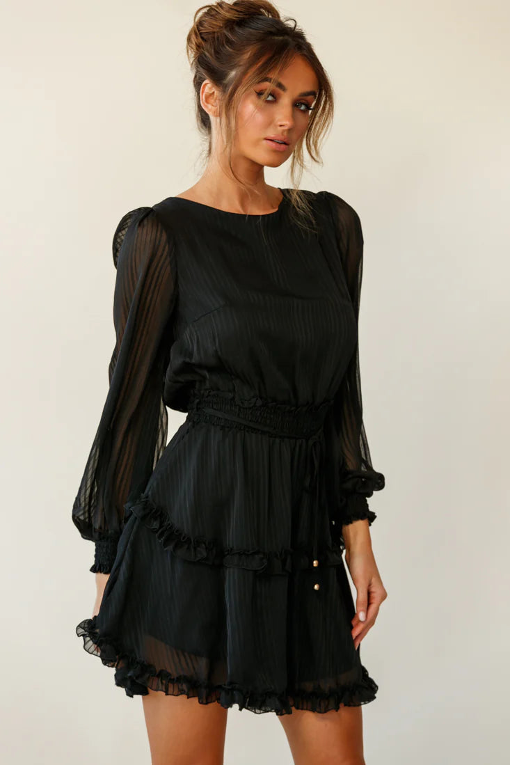 Mildred Long Sleeve Shirred Waist Frill Dress Black