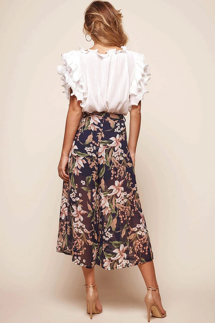Constance Wide Leg Ruffle Pants Navy Print