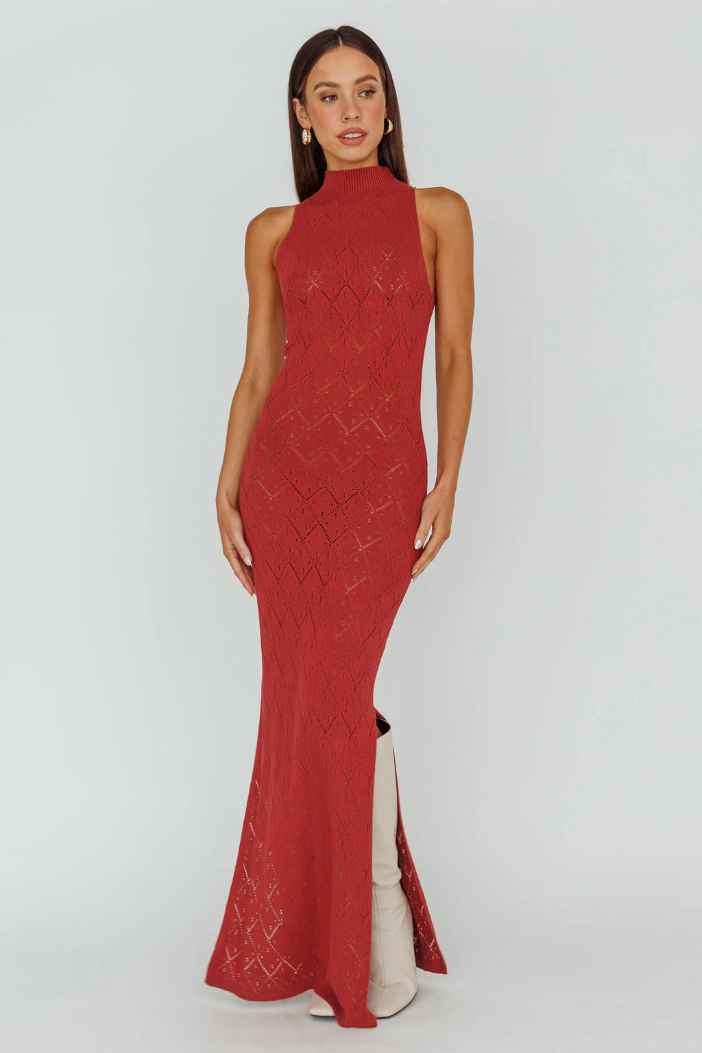 Elisa Sleeveless Crochet Maxi Dress Berry