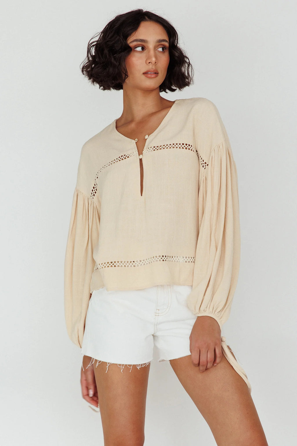 Waltz Long Sleeve Embroidery Trim Top Wheat