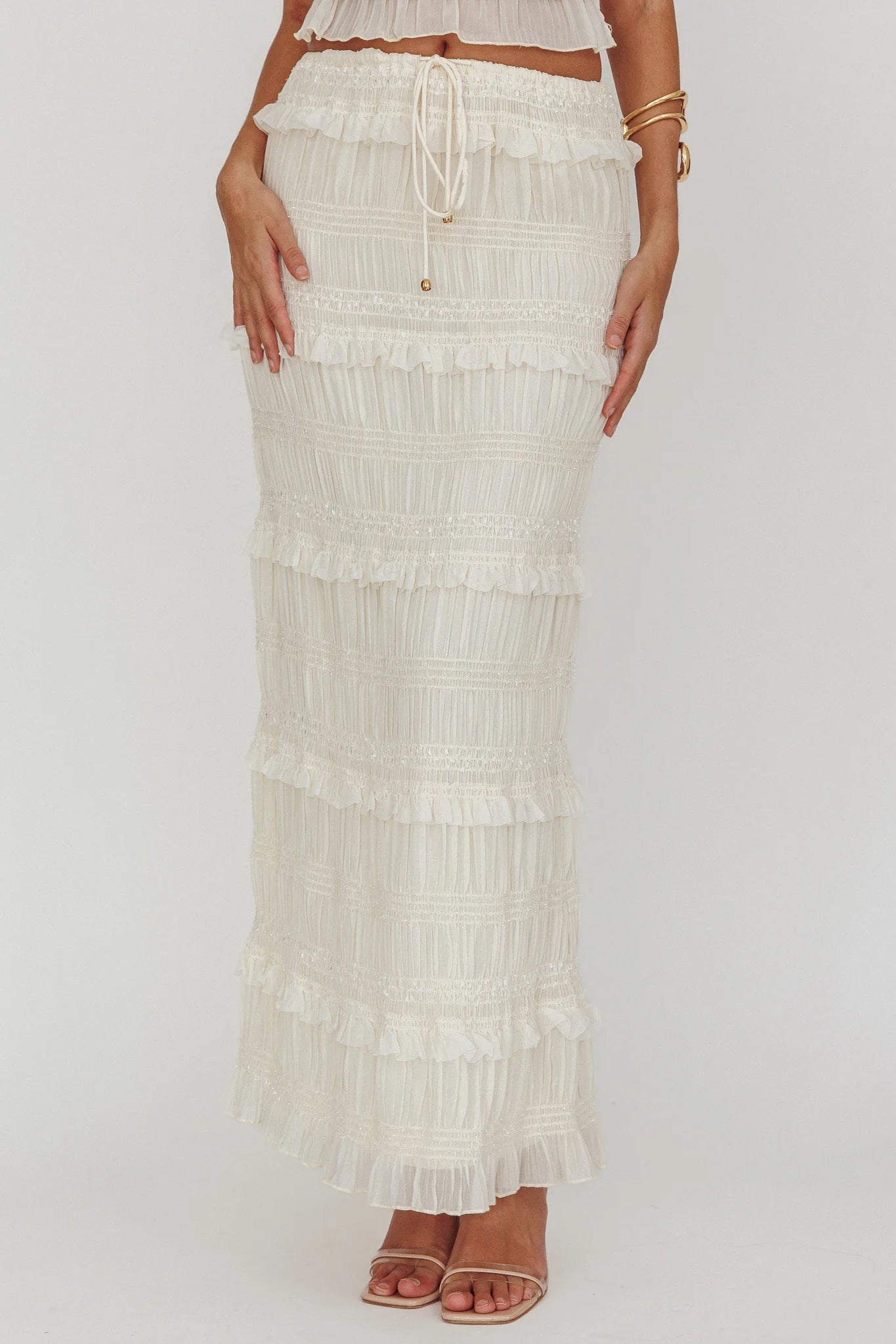 Helios Shirred Sequin Maxi Skirt Beige