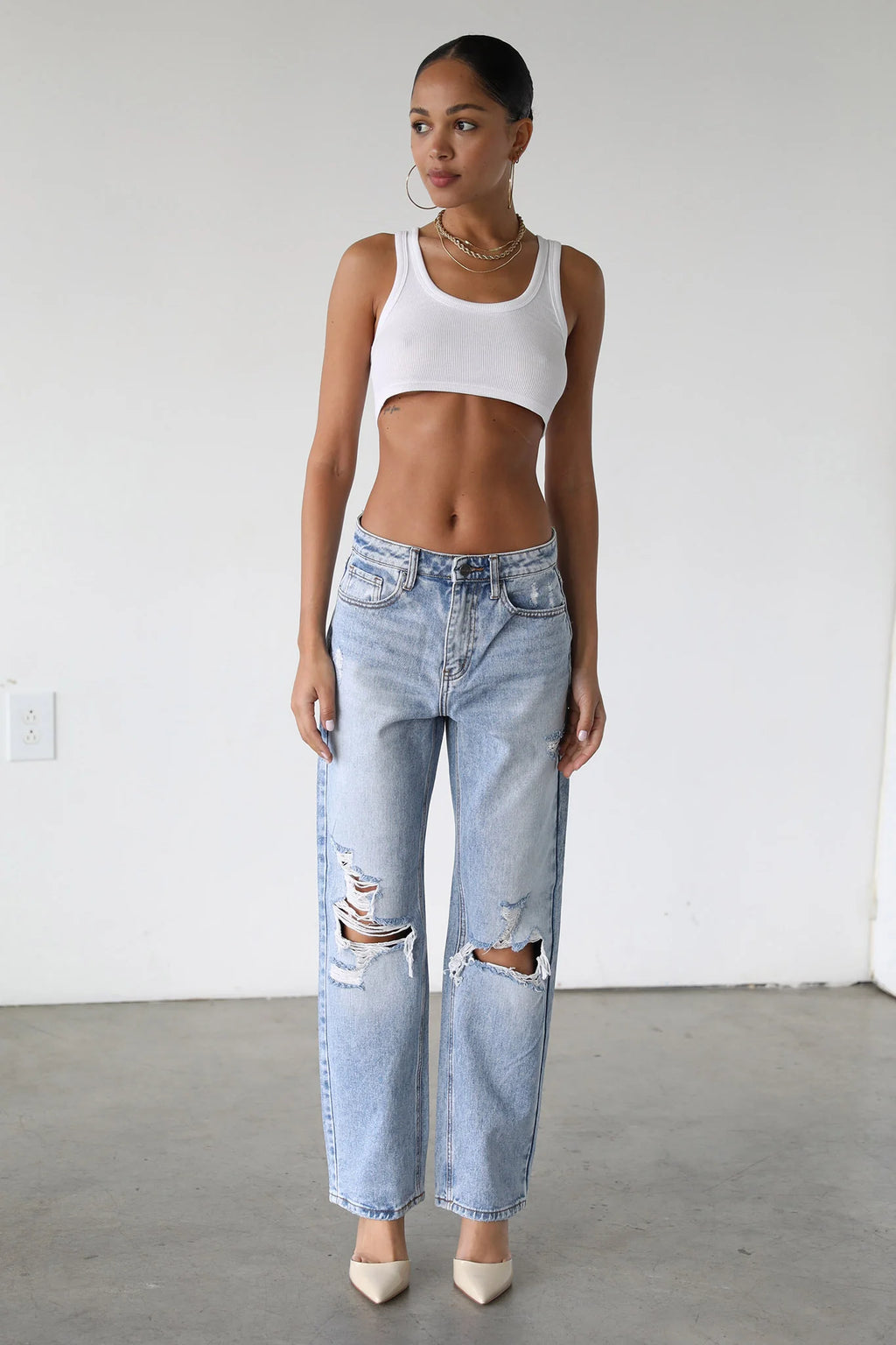 DOGMA High Rise Straight Leg Denim Jeans Distressed Light Wash