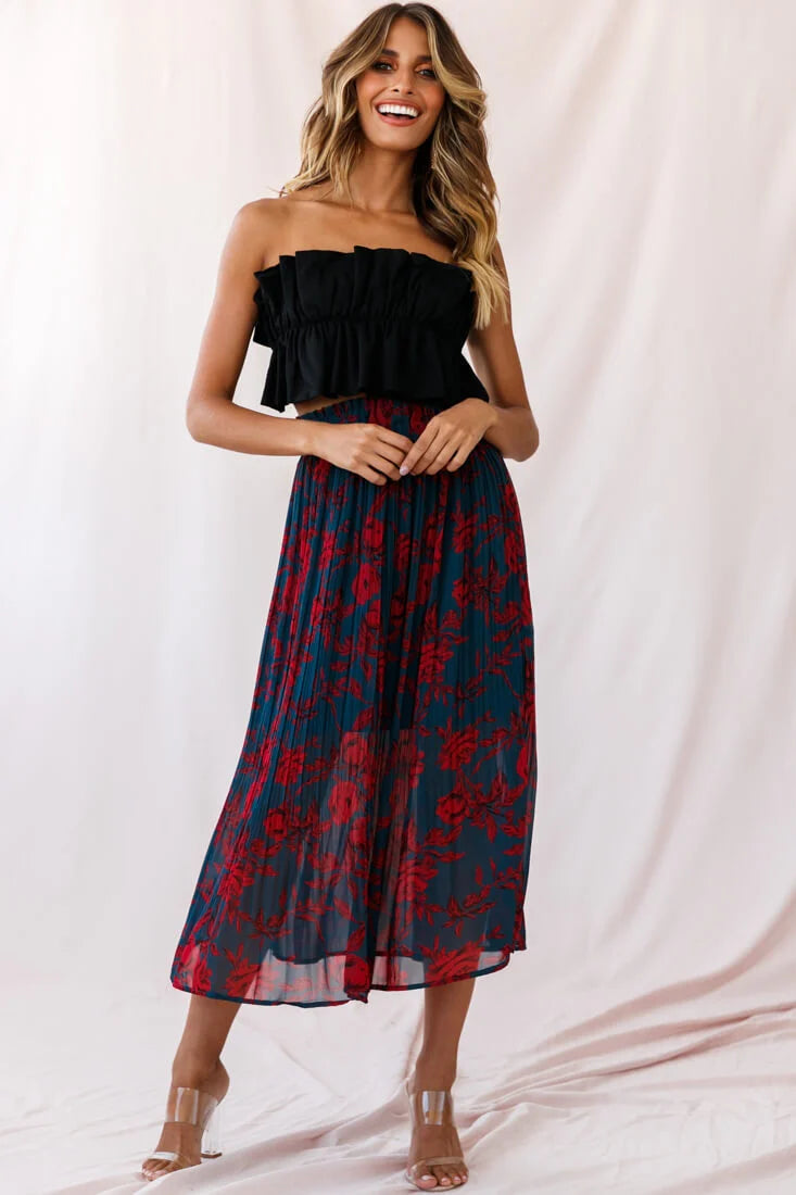Caroline Accordion Pleat Midi Skirt Forest Green/Red