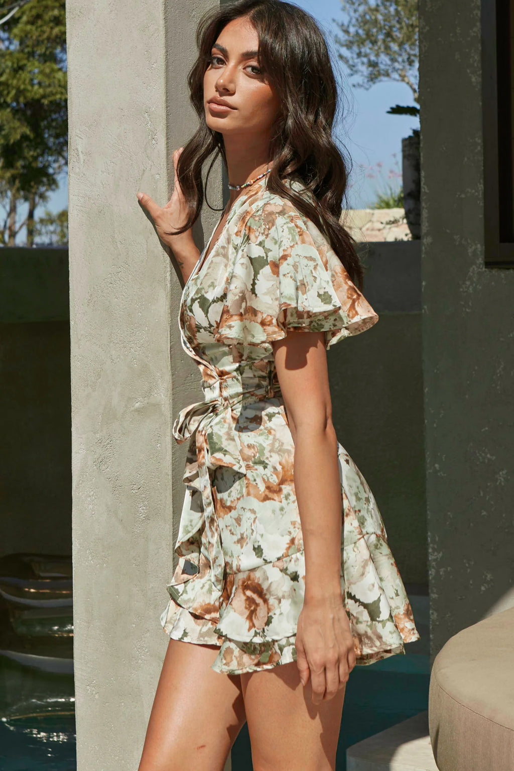 Cami Angel Sleeve Faux Wrap Dress Abstract Floral Print Sage