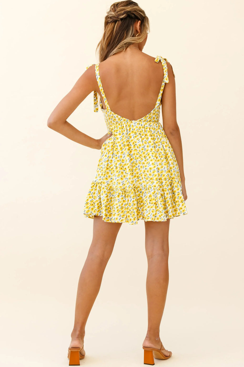 Maven Tied Shoulder Low Back Dress Floral Print Yellow