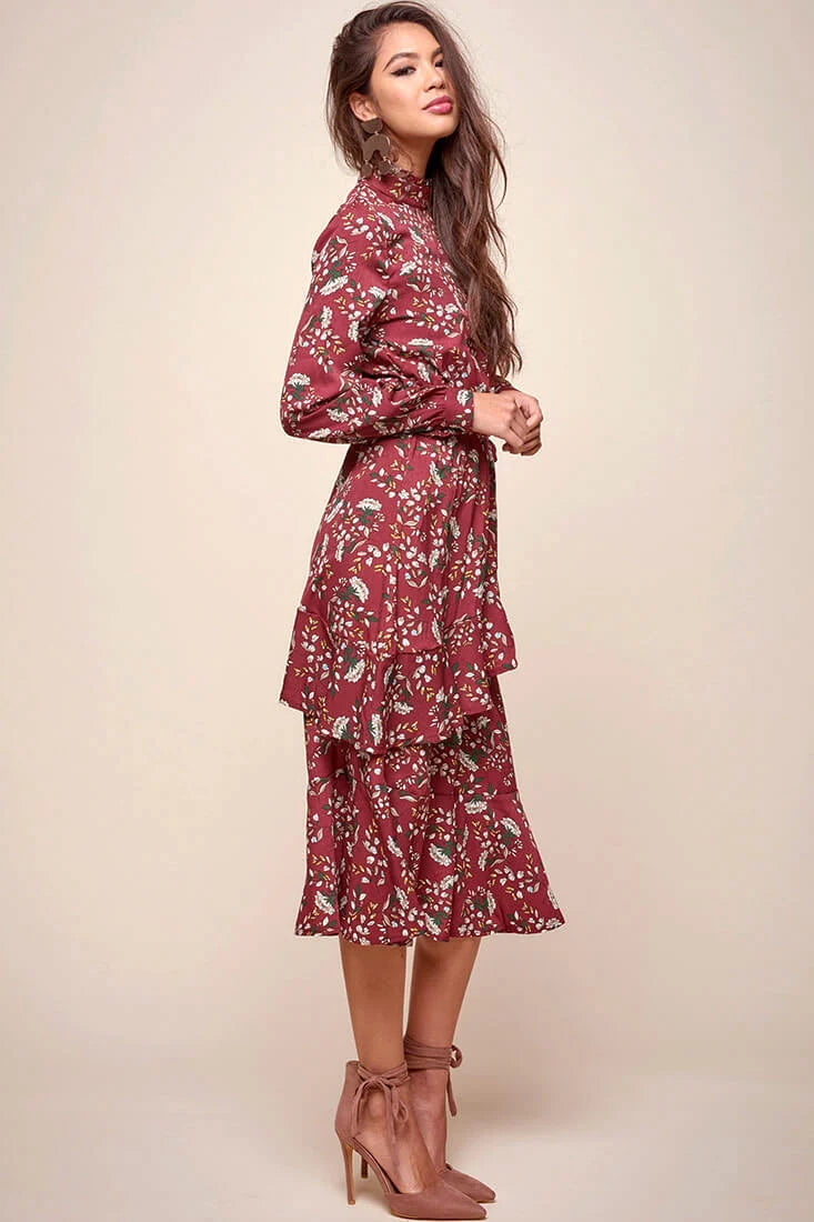 Jackson Waist Tie Bell Sleeve Dress Red Wine