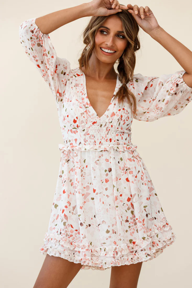 Born Free Shirring Detail Frill Trim Dress Pink Multi