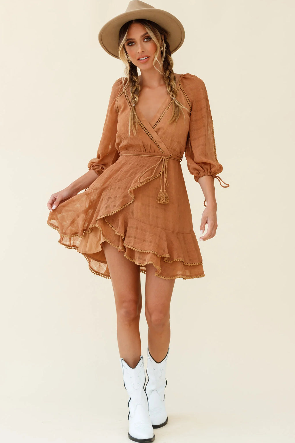 Wilde Balloon Sleeve Crochet Trim Dress Tan