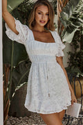 Lilibet Puff Sleeve Elasticated Waist Textured Dress White