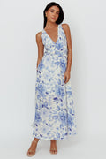 Perla V-Neck Drawstring Maxi Dress Floral Blue