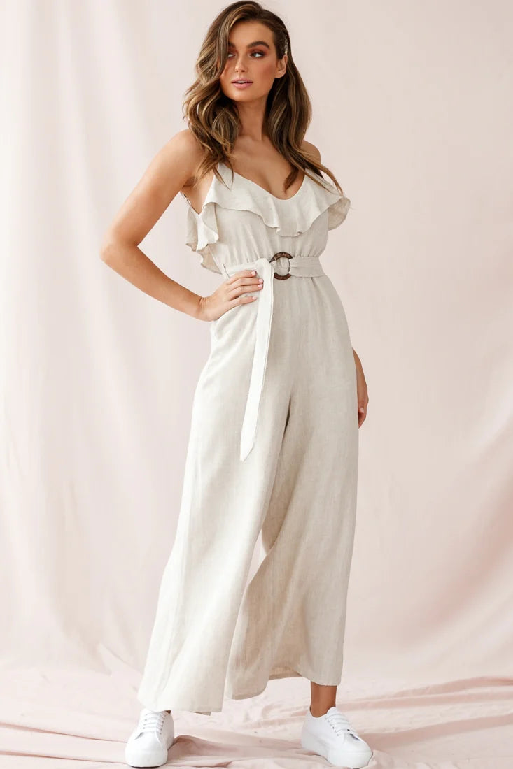 Mason Ruffle Neckline Wooden Buckle Belt Jumpsuit Natural
