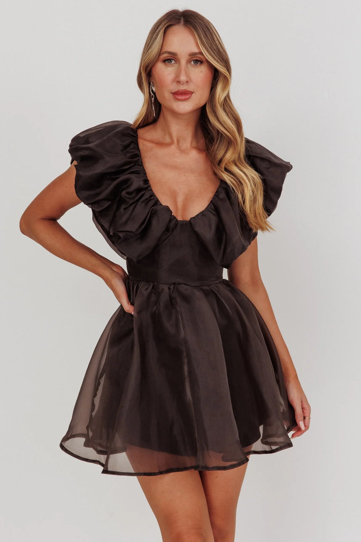 Kahlo Ruffle Neckline Mini Dress Black