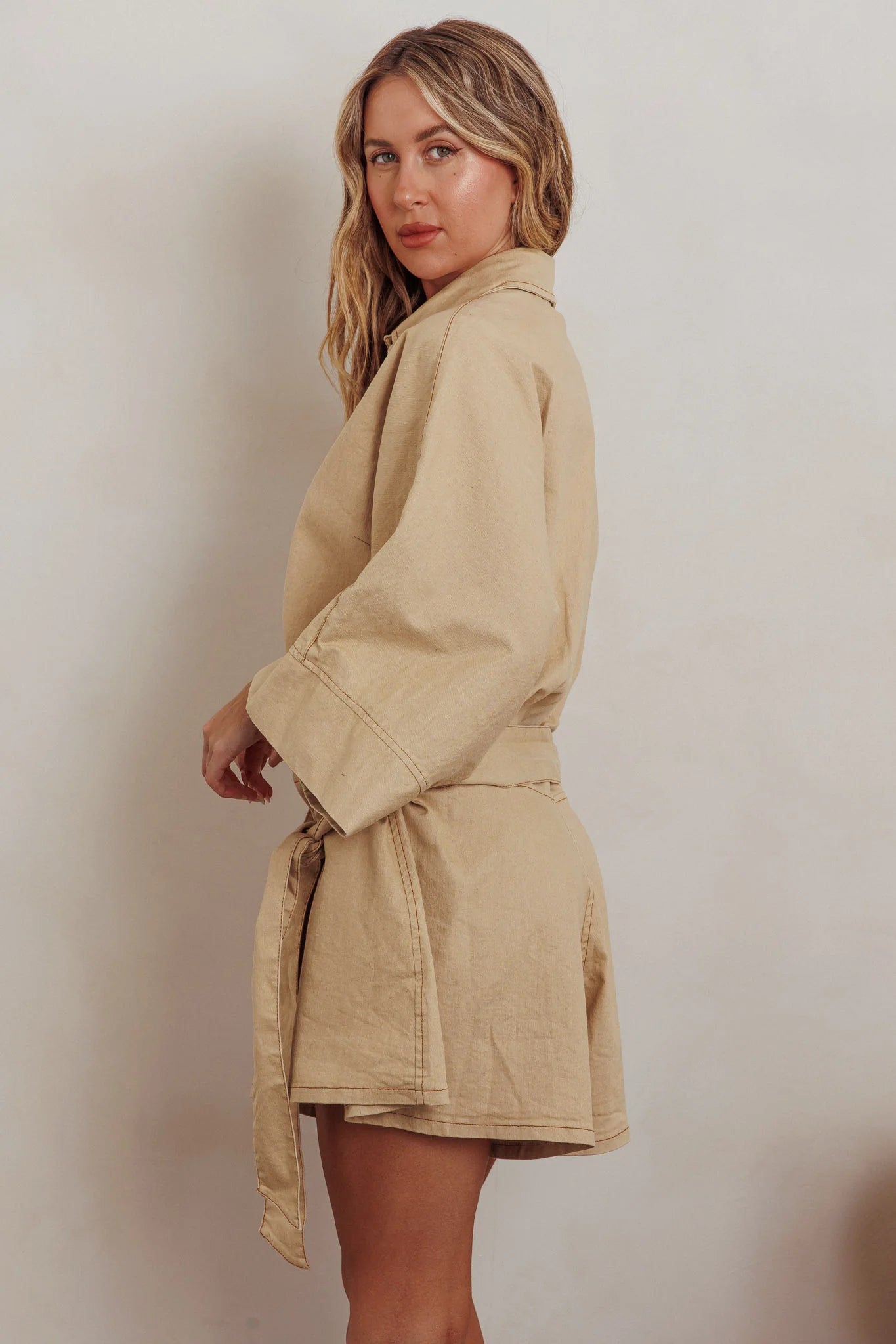 Daytona Beach Button-Up Romper Beige