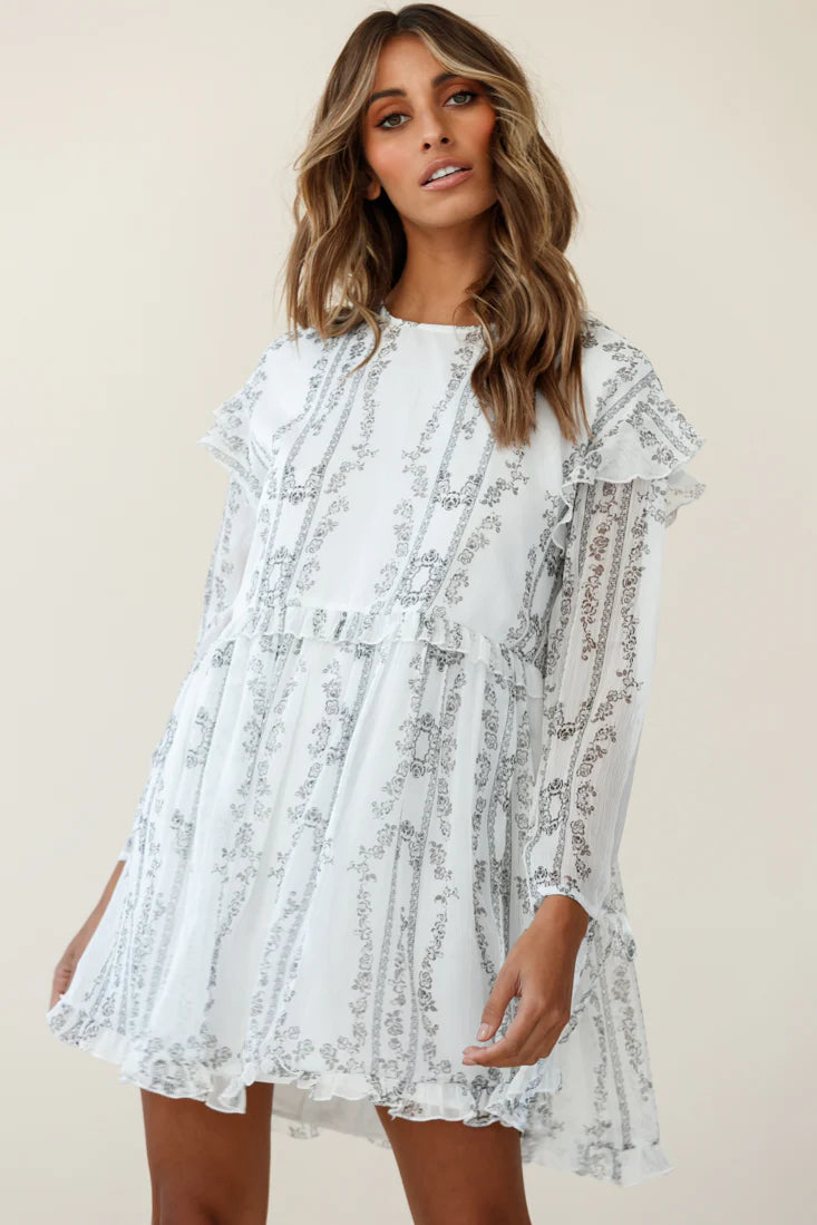 Marion Long Sleeve Shift Dress Vintage Floral Print White