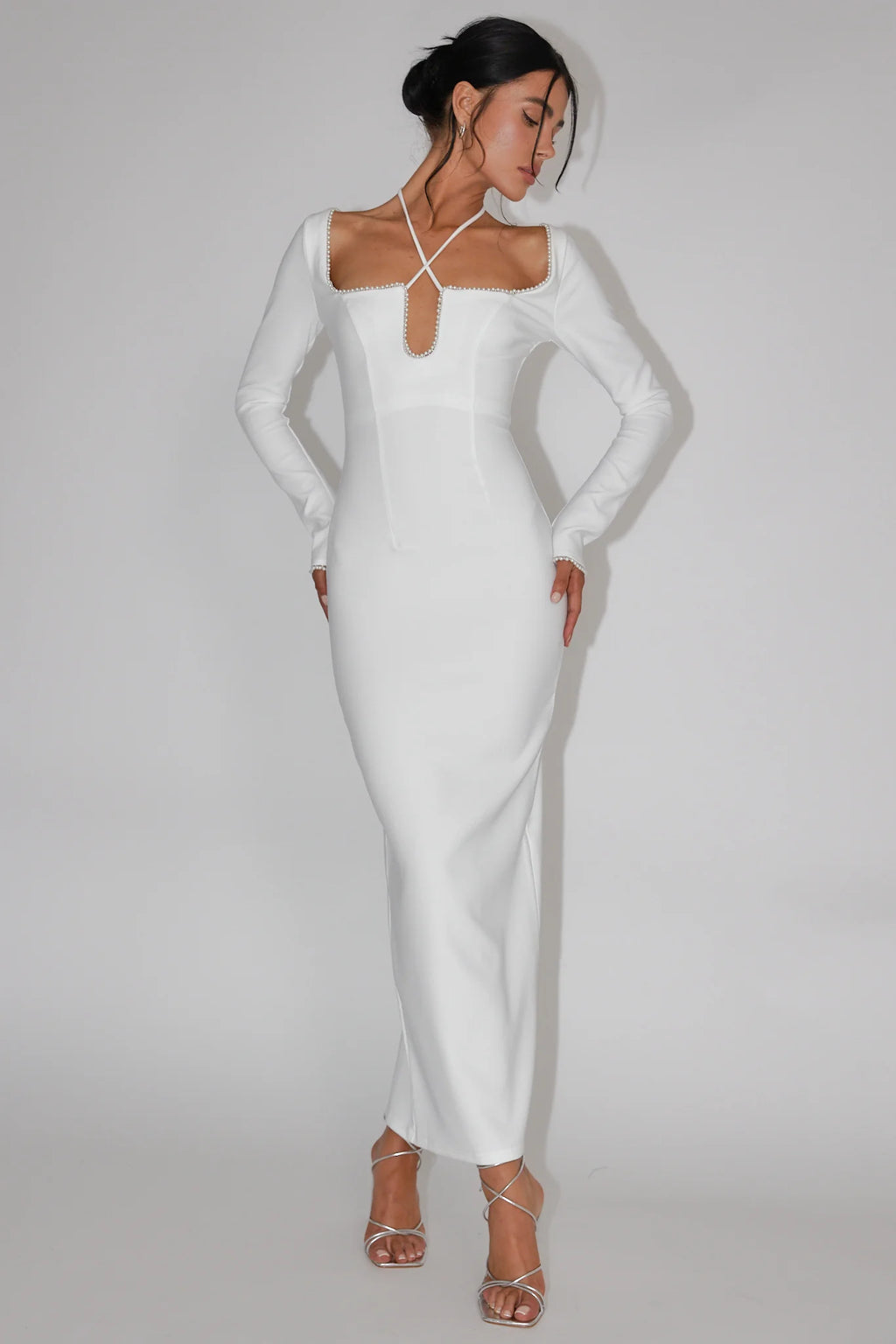 Samantha Pearl Trim Midi Dress White